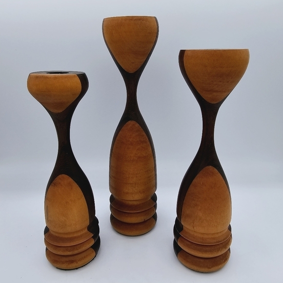 Two-Tone Wooden Candle Stick Holders - set of 3 - Picture 2 of 8